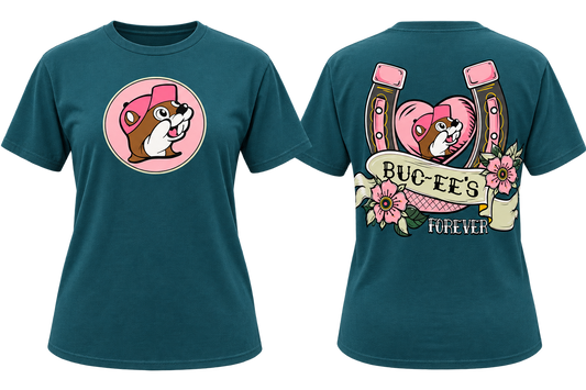 Buc-ee’s Forever Western Graphic T-Shirt – Teal with Pink Horseshoe & Floral Design
