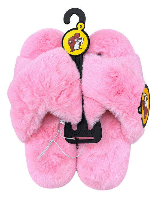 Buc-ee’s Pink Fuzzy Crisscross Slippers