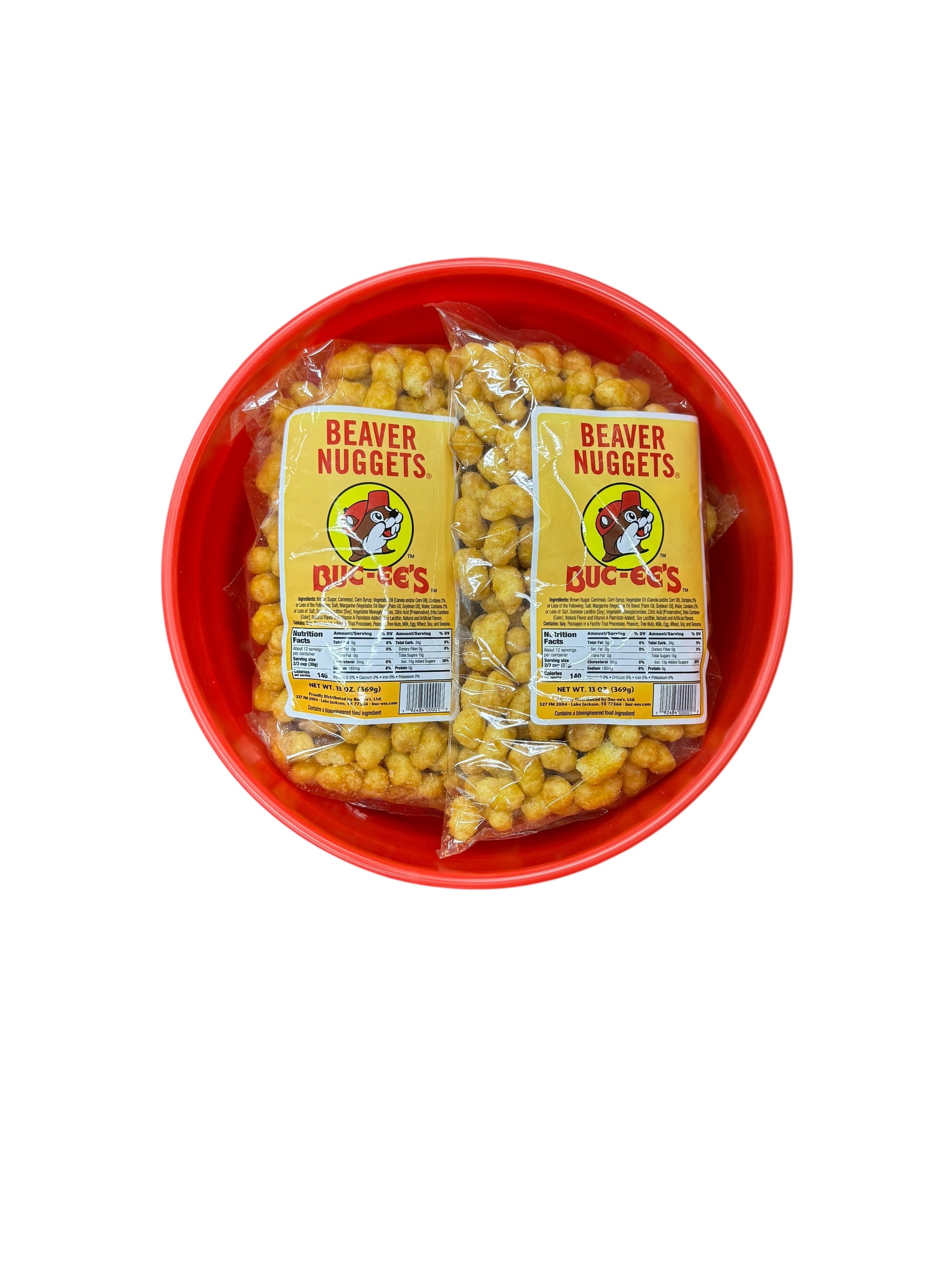 Red bucket filled with 'Beaver Nuggets' on a white background