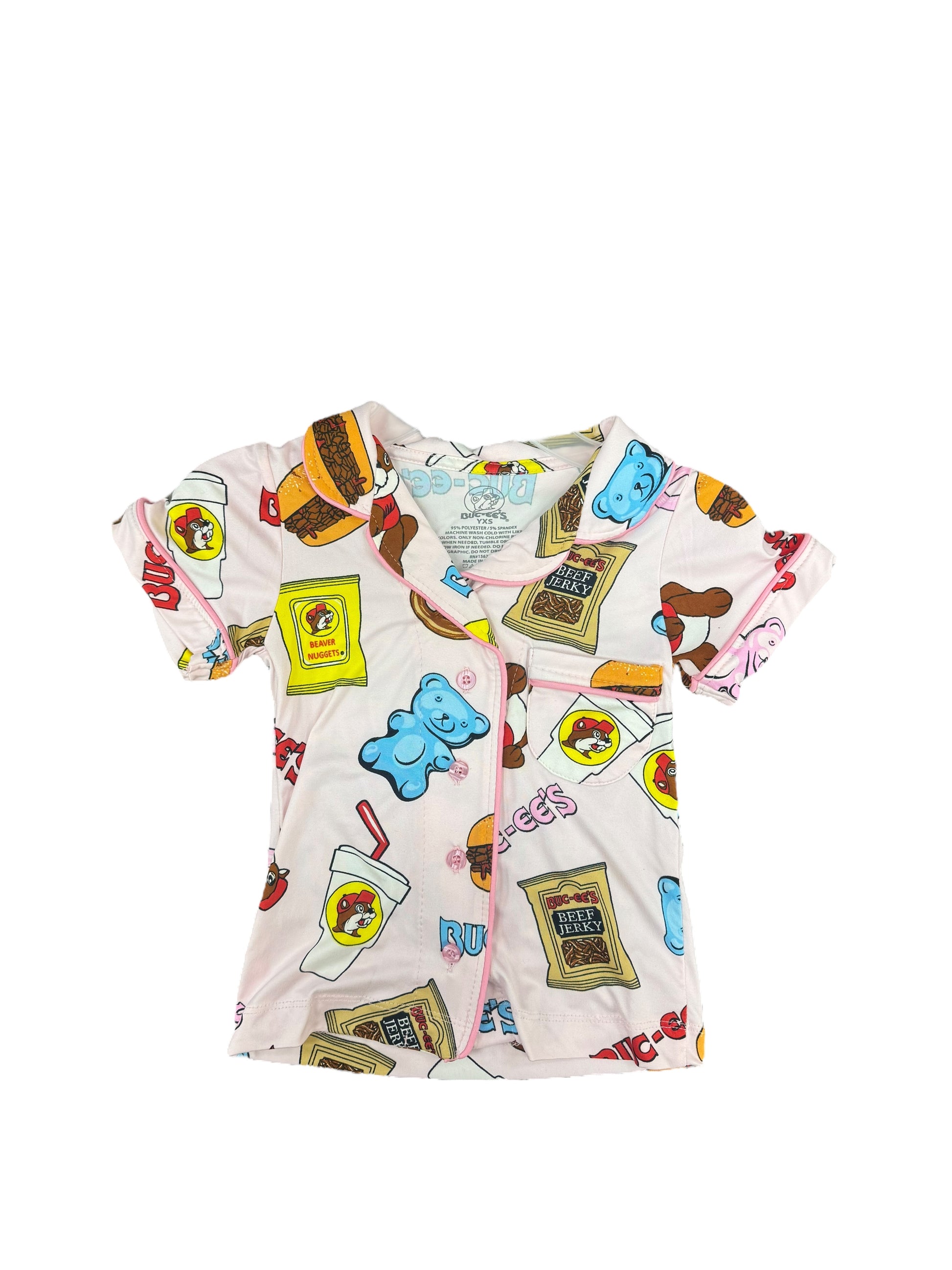Buc-ee’s pajama set short sleeve button-up top with snack print featuring Beaver Nuggets, beef jerky, gummy bears, and pretzels