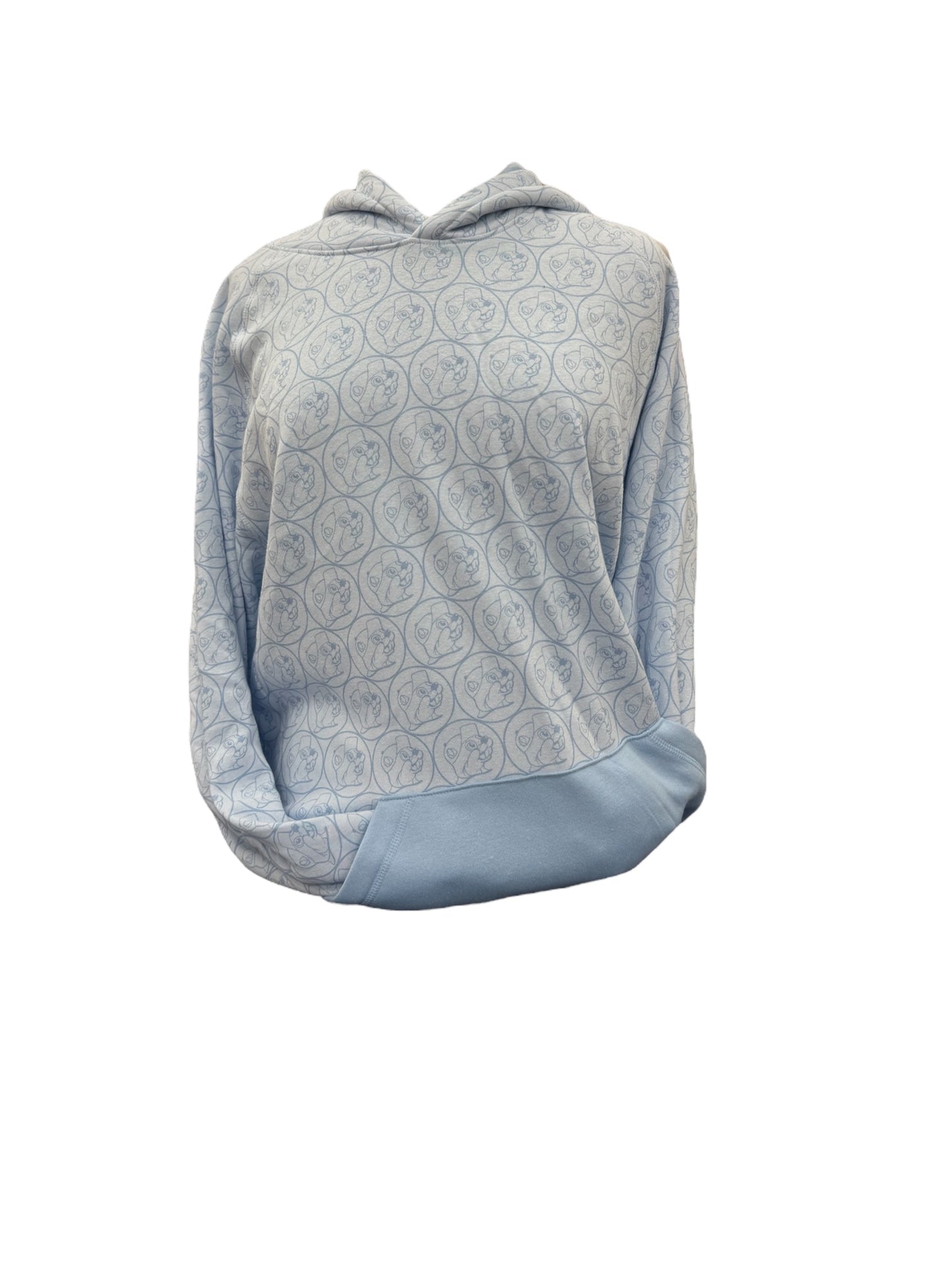 Light blue Buc-ee’s hoodie with all-over logo pattern