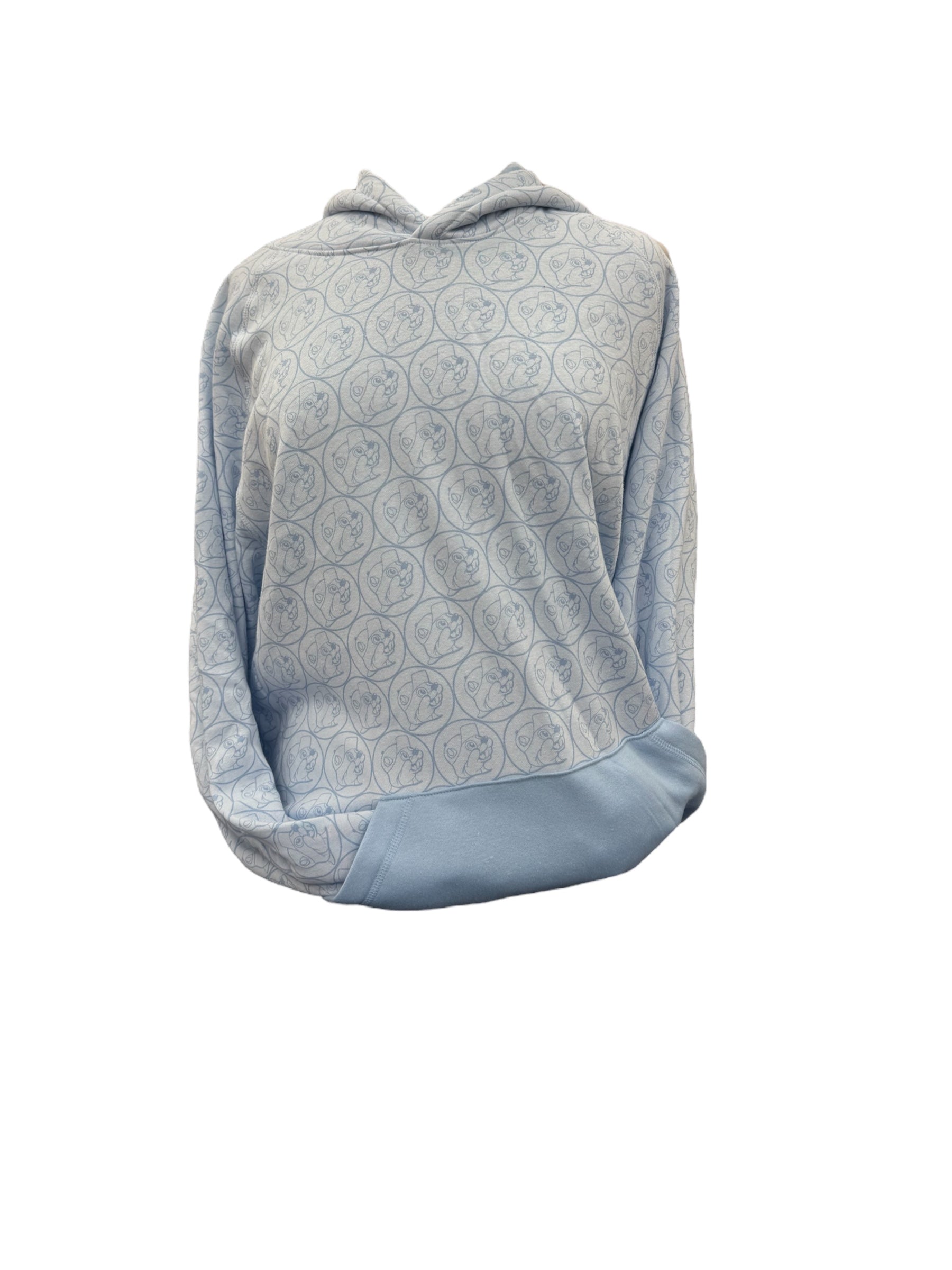 Light blue Buc-ee’s hoodie with all-over logo pattern