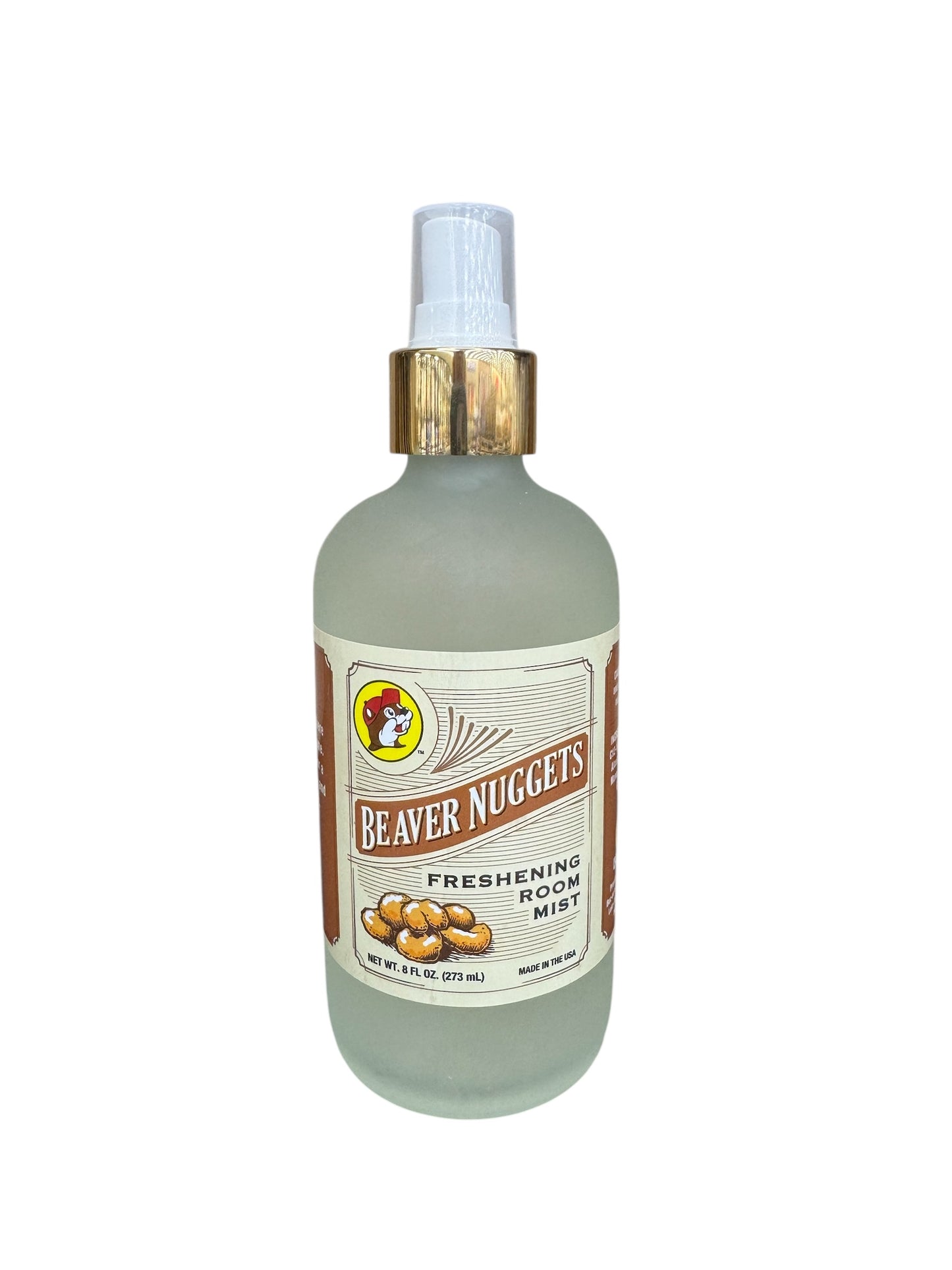 Bottle of Beaver Nuggets room freshener on a white background