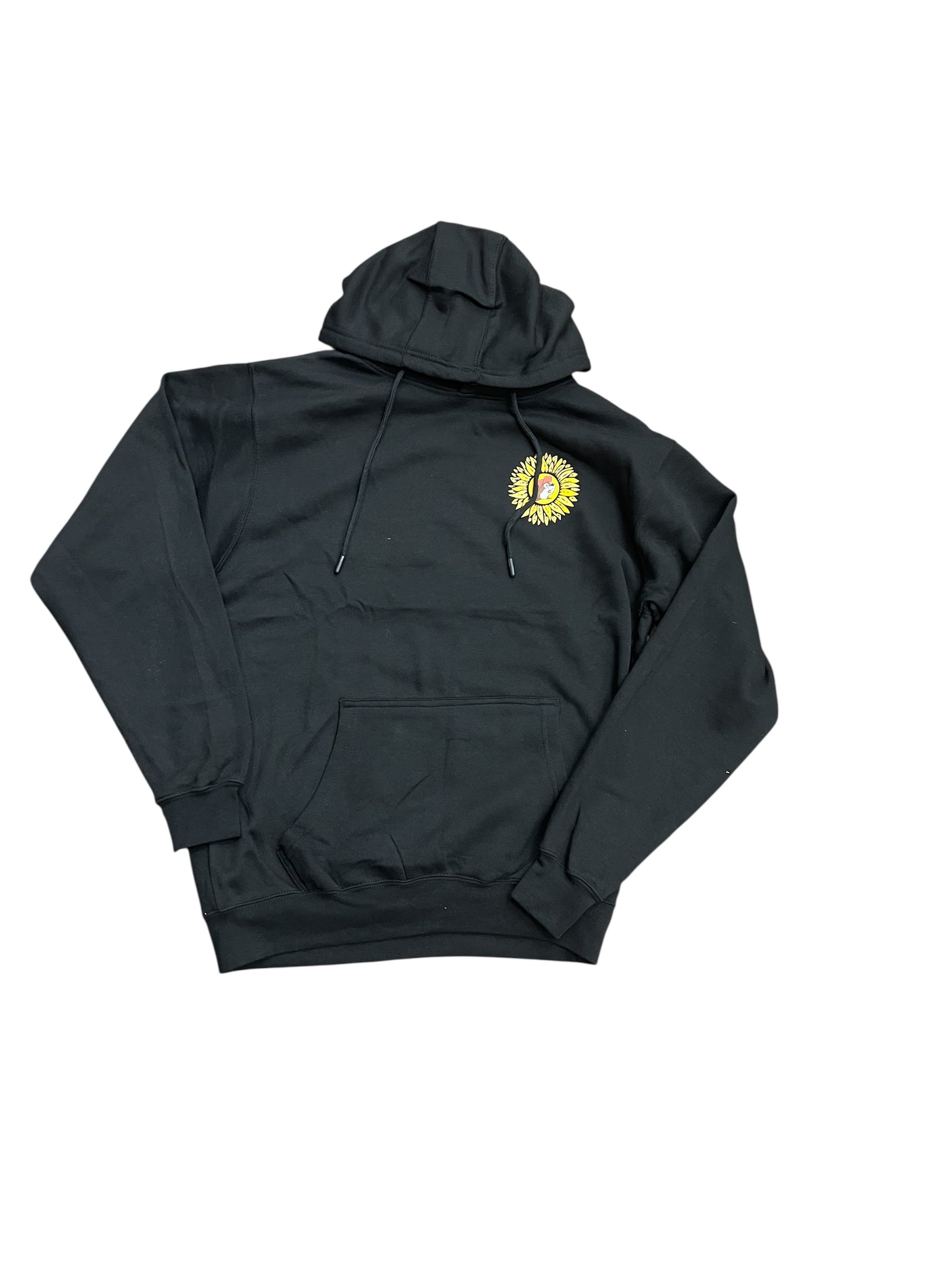 Black Buc-ee’s sunflower hoodie with small chest logo