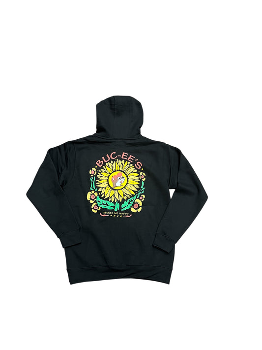 Black Buc-ee’s sunflower hoodie with large sunflower design and ‘Makes Me Happy’ text