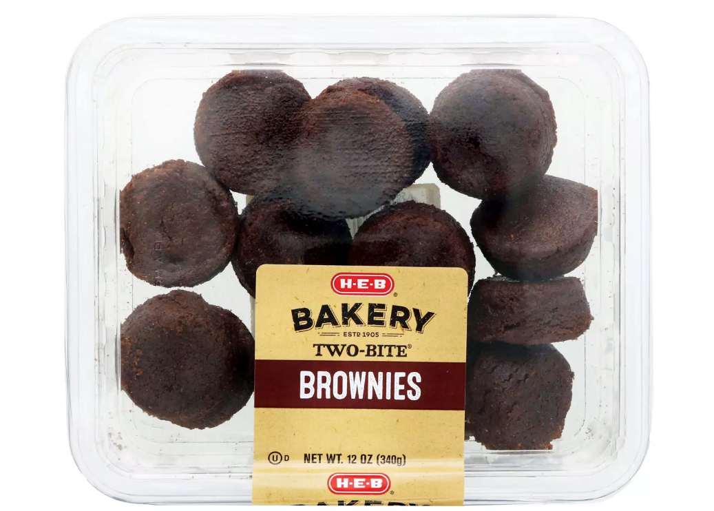 H-E-B Bakery Two Bite Brownies 12 oz container chocolate snack bites